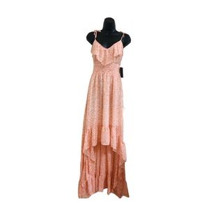 Guess orange white swirl High Low tiered ruffled v-neck front‎ maxi dress size M